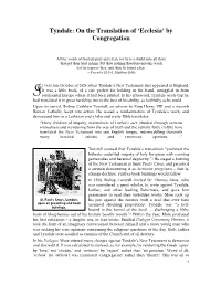 Tyndale: on the Translation of 'Ecclesia' by Congregation