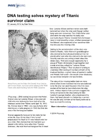 DNA Testing Solves Mystery of Titanic Survivor Claim 22 January 2014, by Bob Yirka