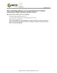 Effect of Pedagogy Differences for Vocational Education Graduates Transitioning to Higher Education Bachelor Degrees