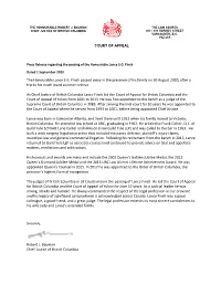 Press Release Regarding the Passing of the Honourable Lance S.G
