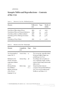 Synoptic Tables and Reproductions—Contents of the TVM