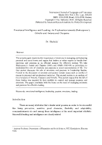 Emotional Intelligence and Leading: an Exploration Towards Shakespeare’S Othello and Antony and Cleopatra
