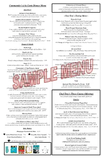 Commander's À La Carte Dinner Menu Chef Tory's