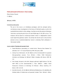 Polish Philosophical Literature. Close Reading (Texts Analysis Classes) A