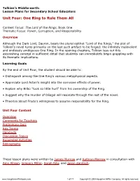 Tolkien's Middle-Earth: Lesson Plans, Unit Four: One Ring to Rule Them