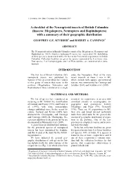 A Checklist of the Neuropterid Insects of British Columbia (Insecta: M Egaloptera, Neuroptera and Raphidioptera) with a Summary of Their Geographic Distribution