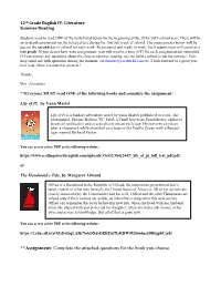 **Assignment: Complete the Attached Questions for the Book You Choose