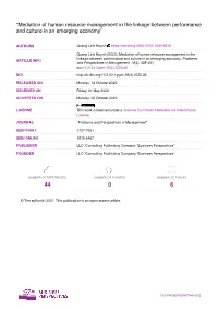 “Mediation of Human Resource Management in the Linkage Between Performance and Culture in an Emerging Economy”