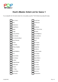 Host's Master Artist List for Game 1