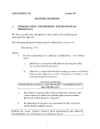 LINGUISTICS 321 Lecture #9 FEATURE GEOMETRY 1