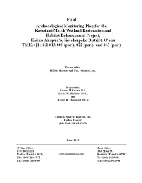 Final Archaeological Monitoring Plan for the Kawainui Marsh Wetland