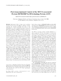 Post-Transcriptional Control of the MCT-1-Associated Protein DENR/DRP by RNA-Binding Protein AUF1