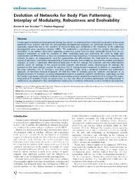 Evolution of Networks for Body Plan Patterning; Interplay of Modularity, Robustness and Evolvability