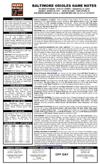 Baltimore Orioles Game Notes