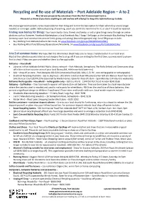 Recycling and Re-Use of Materials – Port Adelaide Region – a to Z This List Was Prepared by Volunteers from the Port Environment Centre