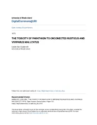 The Toxicity of Parathion to Orconectes Rusticus and Viviparus Malleatus