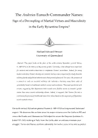 The Andreios Eunuch-Commander Narses: Sign of a Decoupling of Martial Virtues and Masculinity in the Early Byzantine Empire?