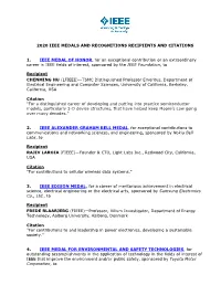 2020 Ieee Medals and Recognitions Recipients and Citations 1