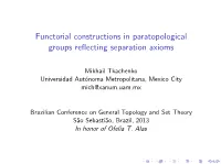 Functorial Constructions in Paratopological Groups Reflecting Separation Axioms