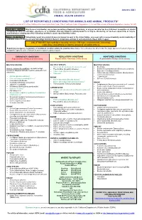 CDFA List of Reportable Conditions for Animals and Animal Products
