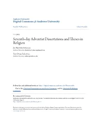 Seventh-Day Adventist Dissertations and Theses in Religion Jón Hjörleifur Stefánsson Andrews University, J.Hjorleifur.Stefansson@Gmail.Com