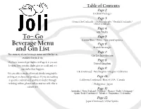 To– Go Beverage Menu and Gin List