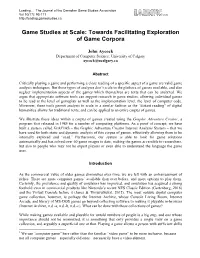 Game Studies at Scale: Towards Facilitating Exploration of Game Corpora