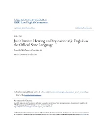 Joint Interim Hearing on Proposition 63: English As the Official State Language Assembly Task Form on Proosition 63