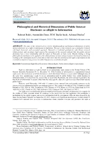 Philosophical and Historical Dimensions of Public Interest Disclosure As Aright to Information