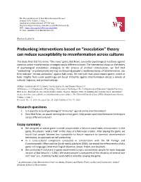 Prebunking Interventions Based on “Inoculation” Theory Can Reduce Susceptibility to Misinformation Across Cultures
