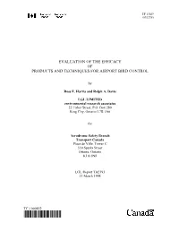 Evaluation of the Efficacy of Products and Techniques for Airport Bird Control
