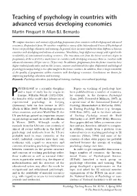 Teaching of Psychology in Countries with Advanced Versus Developing Economies Martin Pinquart & Allan B.I