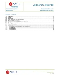JOB SAFETY ANALYSIS PROGRAM Owner: Risk Management Document Number: Q-001 Revision No: 01 Date Last Revised: 03-27-2018