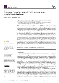 Epigenetic Control of Infant B Cell Precursor Acute Lymphoblastic Leukemia