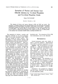 Extraction of Thorium and Uranium from Chloride Solutions by Tri-N-Butyl Phosphate and Tri-N-Octyl Phosphine Oxide