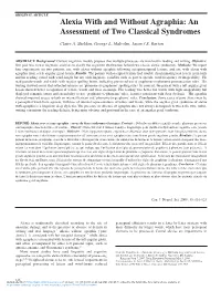 Alexia with and Without Agraphia: an Assessment of Two Classical Syndromes Claire A