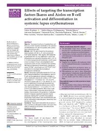 Effects of Targeting the Transcription Factors Ikaros and Aiolos on B Cell Activation and Differentiation in Systemic Lupus Erythematosus