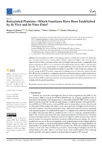 Reticulated Platelets—Which Functions Have Been Established by in Vivo and in Vitro Data?
