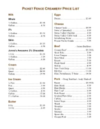 Picket Fence Creamery Price List