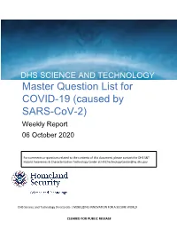 Master Question List for COVID-19 (Caused by SARS-Cov-2) Weekly Report 06 October 2020