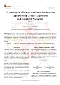 Cryptanalysis of Mono-Alphabetic Substitution Ciphers Using Genetic Algorithms and Simulated Annealing Shalini Jain Marathwada Institute of Technology, Dr