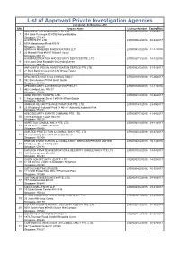 List of Approved Private Investigation Agencies Last Update: 02-November-2016 S/No