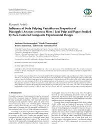 Influence of Soda Pulping Variables on Properties of Pineapple (Ananas Comosus Merr.) Leaf Pulp and Paper Studied by Face-Centered Composite Experimental Design