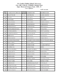 St. Cecilia's Public School (Minority) Class : PRE - SCHOOL / NURSERY (Vikaspuri Wing) Open / Reserved Category Seats : 2020 - 21 List of Applicants DATE: 10.01.2020