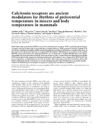 Calcitonin Receptors Are Ancient Modulators for Rhythms of Preferential Temperature in Insects and Body Temperature in Mammals
