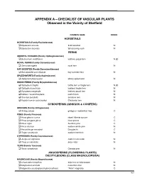 APPENDIX A—CHECKLIST of VASCULAR PLANTS Observed in the Vicinity of Sheffield