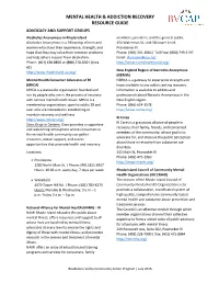 Mental Health & Addiction Recovery Resource Sheet