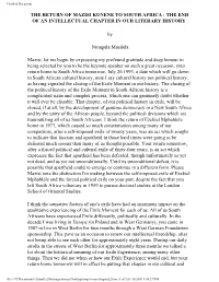 The Return of Mazisi Kunene to South Africa : the End of an Intellectual Chapter in Our Literary History