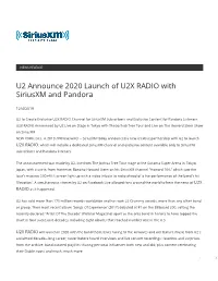 U2 Announce 2020 Launch of U2X RADIO with Siriusxm and Pandora