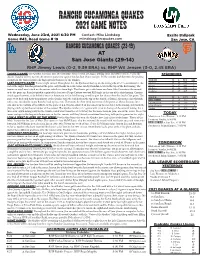 Rancho Cucamonga Quakes 2021 Game Notes